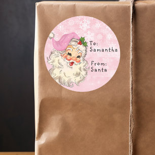Sticker Rond Cadeau de Noël du Père Noël à l'enfant Rose Vintag