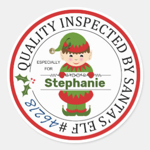Sticker Rond Cadeau de Noël inspecté par Père Noël Elf