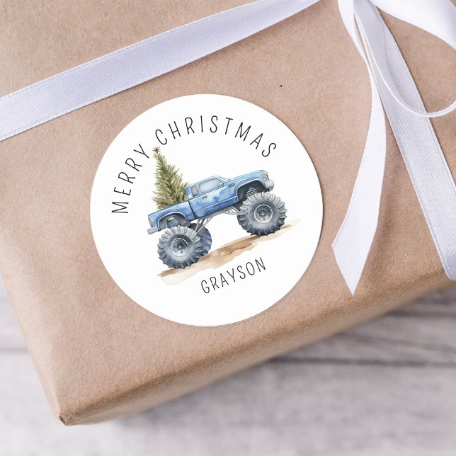 Sticker Rond Cadeau de Noël personnalisé Camion Monstre Bleu (Créateur téléchargé)