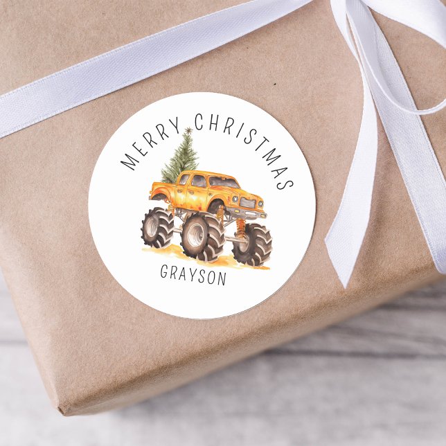 Sticker Rond Cadeau de Noël personnalisé Orange Monster Truck (Créateur téléchargé)