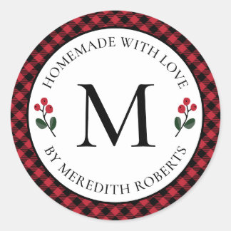 Sticker Rond Cadeau de Noël Rouge Buffalo Plaid Monogramme