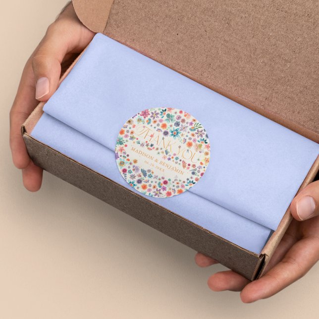 Sticker Rond Cadeau de Remerciement Bohème Fleur Or Beige Maria (Créateur téléchargé)