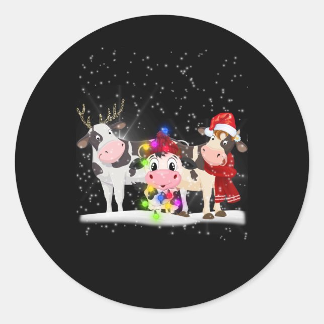 Sticker Rond Cadeau de vache | Drôle Noël Vache famille neige (Devant)
