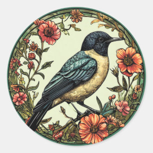 Sticker Rond 🐦 Cadeau Décoratif Fleuriste Oiseau Pie Nature
