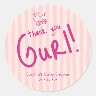 Sticker Rond Cadeau Fille Rayure Rose Fille Baby Shower