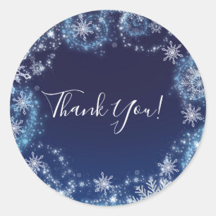 Sticker Rond Cadeau flocons de neige bleus et blancs Winter Won