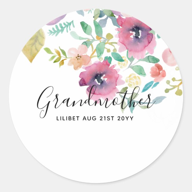 Sticker Rond Cadeau Grandma - Jolie Plum Fleurs roses Perosonal (Devant)