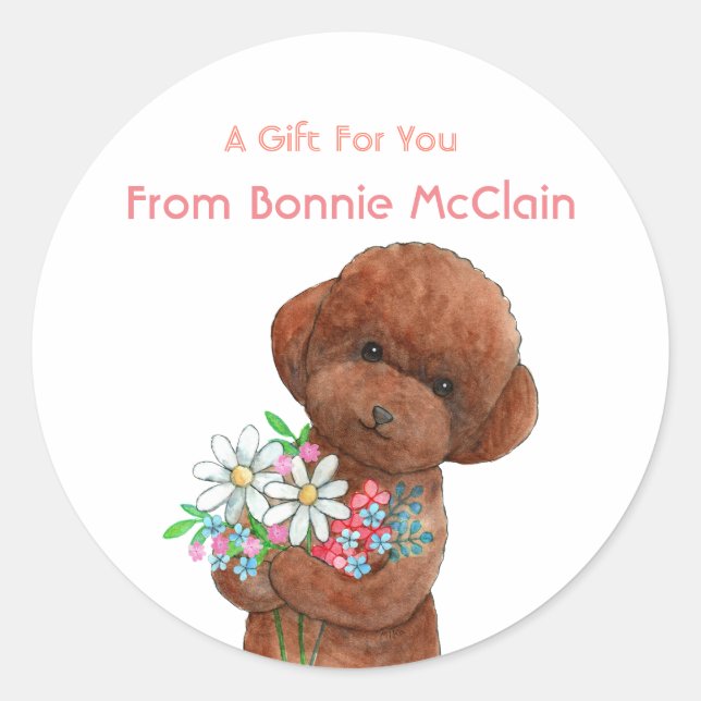 Sticker Rond Cadeau mignon chien chiot caniche rouge personnali (Devant)
