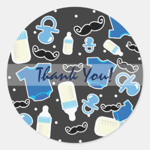 Sticker Rond Cadeau moderne bleu et gris pour Baby Shower garço