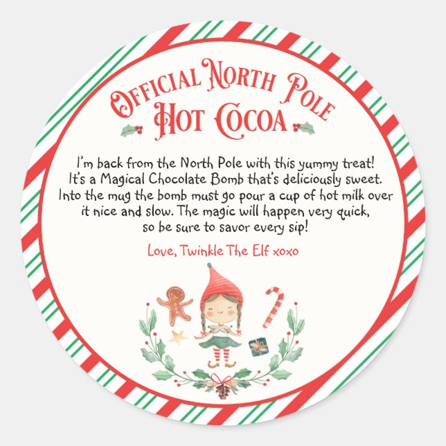 Sticker Rond Cadeau personnalisé Elf Hot Chocolate Bombe Arrivé (Devant)