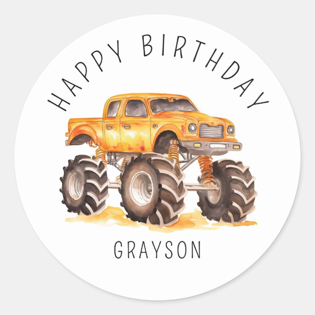 Sticker Rond Cadeau personnalisé Orange Monster Truck Anniversa (Devant)