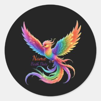 Sticker Rond Cadeau Personnalisé Phoenix Arc-en-Ciel Date de Na