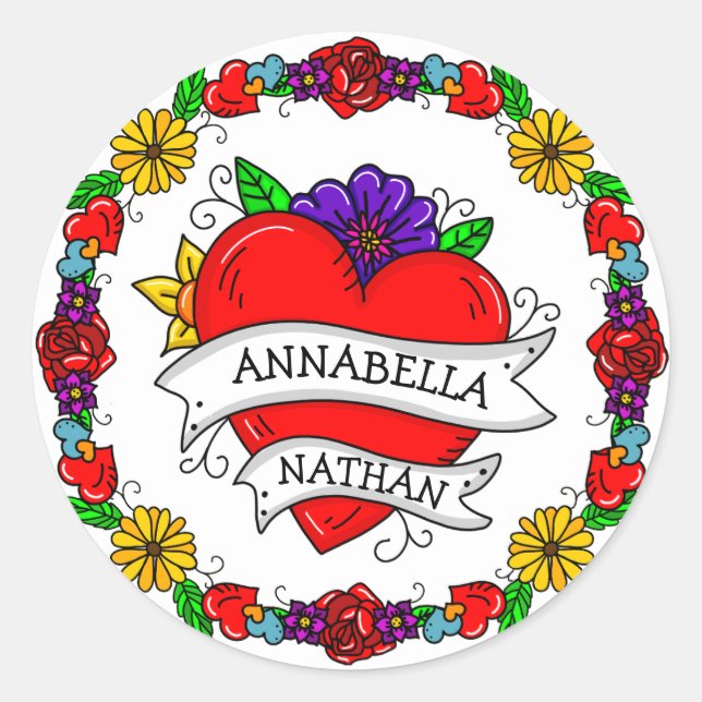 Sticker Rond Cadeau romantique à deux | Art du style tatouage (Devant)