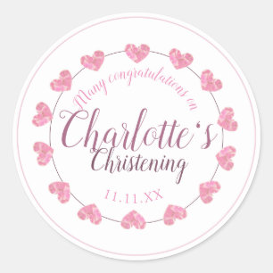 Sticker Rond Cadeau rose et blanc de baptême de bébé de coeu
