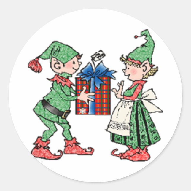 Sticker Rond Cadeau Vintage Christmas Elves Giving (Devant)