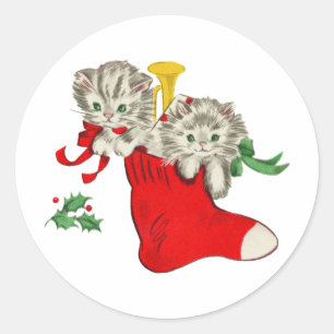 Sticker Rond Cadeau Vintage Christmas Kittens