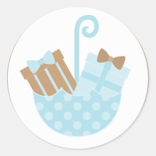 Sticker Rond Cadeaux Bleus Bébé dans un parapluie