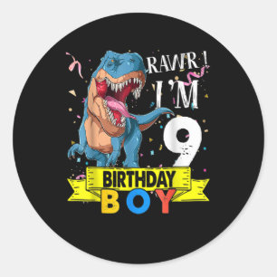 Sticker Rond Cadeaux de 9 ans 9e anniversaire garçon Rawr I'm 9