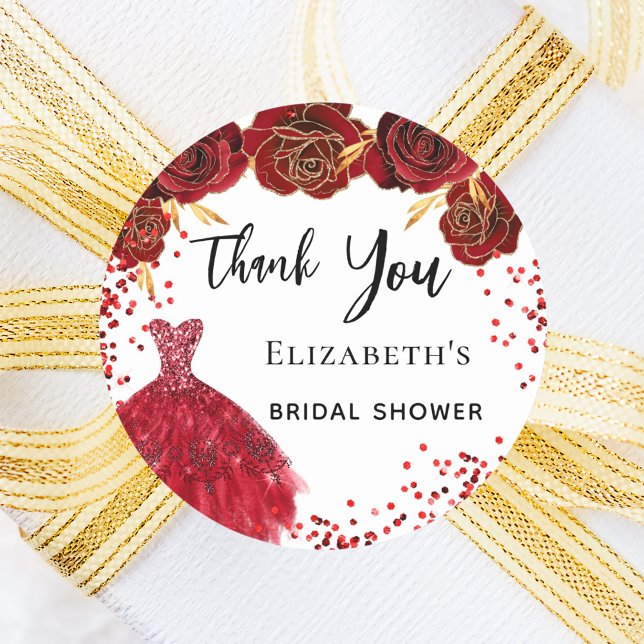 Sticker Rond Cadeaux de douche de mariée robe rouge blanc Merci (Créateur téléchargé)