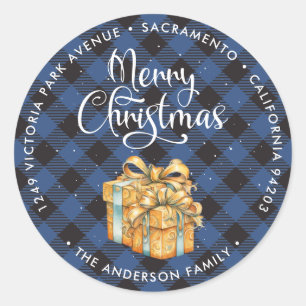 Sticker Rond Cadeaux de Noël bleu plaid Retourner l'adresse Éti