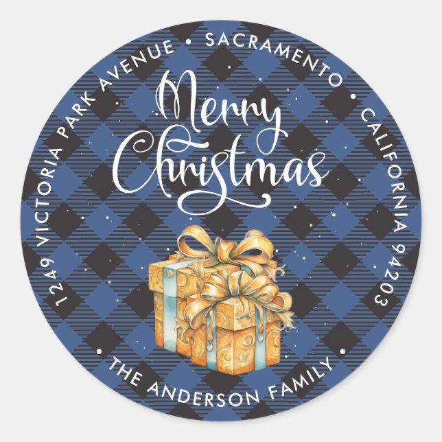 Sticker Rond Cadeaux de Noël bleu plaid Retourner l'adresse Éti (Devant)