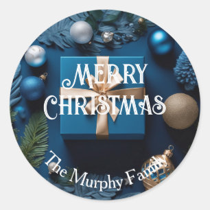 Sticker Rond Cadeaux de Noël emballés de bleu profond et doré 