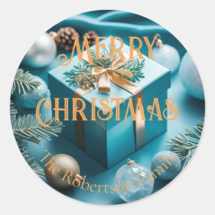 Sticker Rond Cadeaux de Noël Luxe Turquoise Bleu & Or 