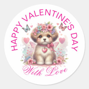 Sticker Rond Cadeaux Saint-Valentin - Chiot adorable à la sauce