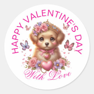 Sticker Rond Cadeaux Saint-Valentin - Chiot adorable à la sauce
