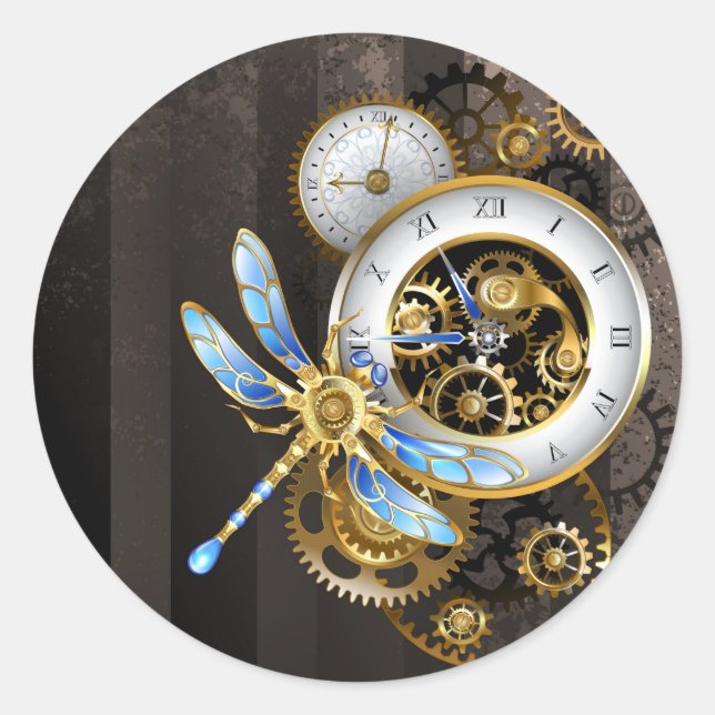 Sticker Rond Cadran Steampunk avec libellule (Devant)