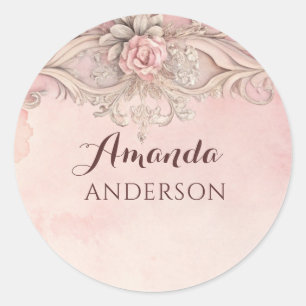 Sticker Rond Cadre antique grunge rose
