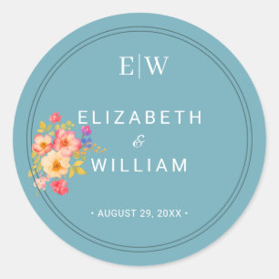 Sticker Rond Cadre aux roses, style mariage sur fond bleu rétro