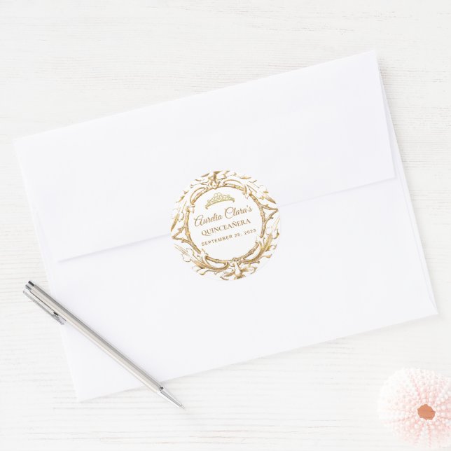 Sticker Rond Cadre classique en ivoire blanc or Quinceanera (Enveloppe)