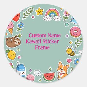 Sticker Rond Cadre d'autocollant Kawaii de nom personnalisé