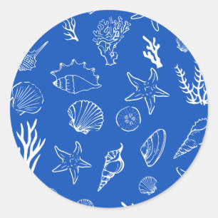 Sticker Rond Cadre de coquillages d'été Mariage plage Bleu
