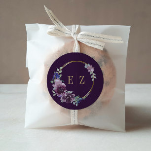 Sticker Rond Cadre de mariage floral violet bohème or