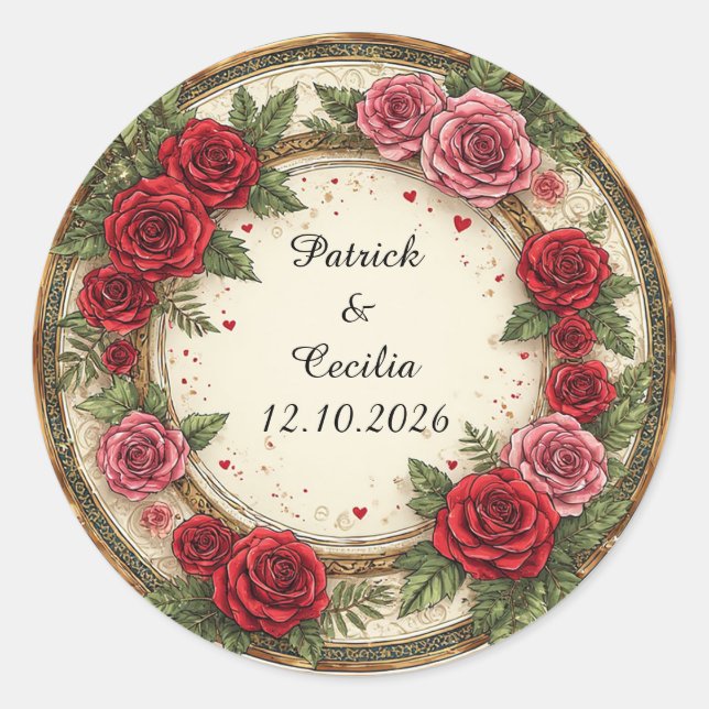 Sticker Rond 🌹 Cadre de rose florale pour noms de mariage pers (Devant)