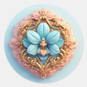 Sticker Rond Cadre Doré Orchidée Bleue 🌿✨ Élégance Florale Lux