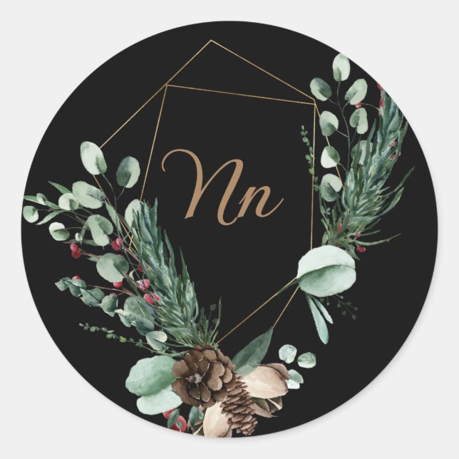 Sticker Rond Cadre doré personnalisable avec branche verte Mono (Devant)