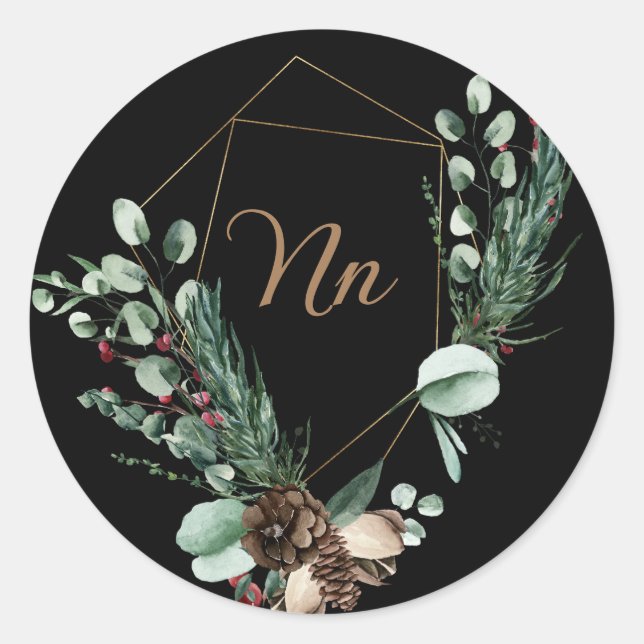 Sticker Rond Cadre doré personnalisable Monogram branche verte  (Devant)