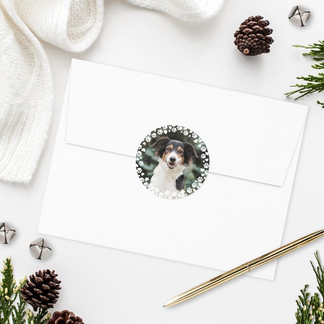 Sticker Rond Cadre Empreintes de Pattes et Cœurs Photo de Chien (Créateur téléchargé)