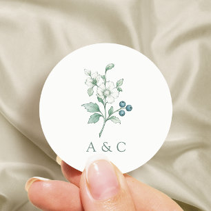 Sticker Rond Cadre Floral Botanique Vintage Vert Sauge Mariage