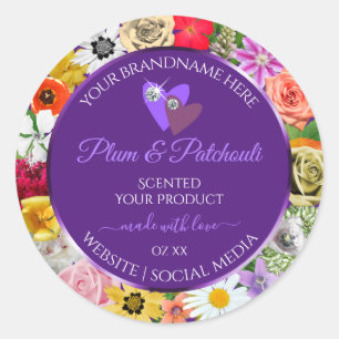 Sticker Rond Cadre Floral Coloré Purple Produit Coeurs Étiquett