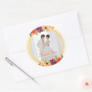 Sticker Rond Cadre floral couple photo mariage beige merci