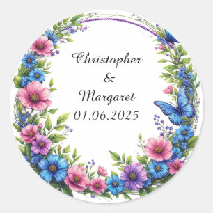 Sticker Rond Cadre floral de mariage avec des fleurs colorées