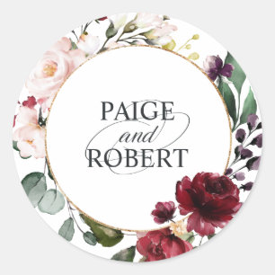 Sticker Rond Cadre floral en Bourgogne et or