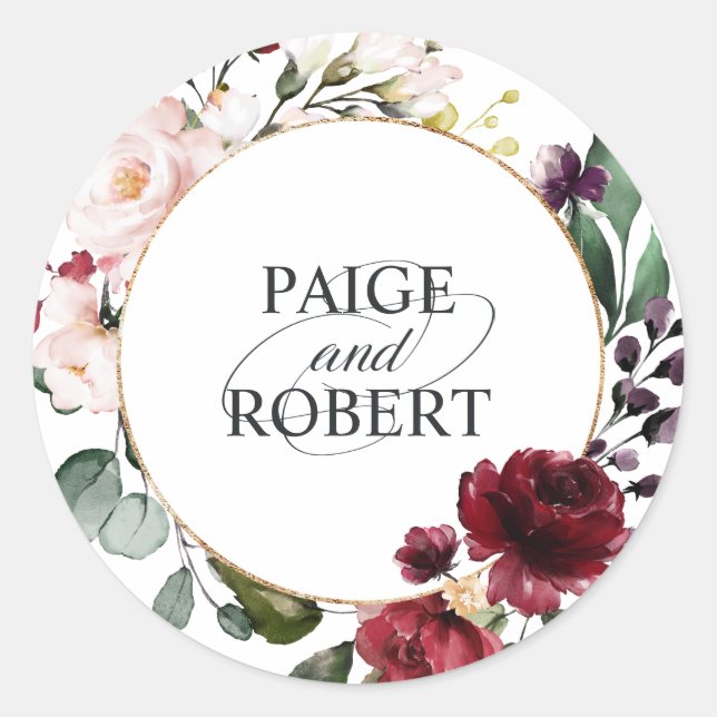 Sticker Rond Cadre floral en Bourgogne et or (Devant)