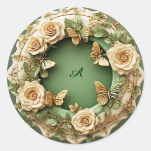 Sticker Rond Cadre floral vert avec roses roses