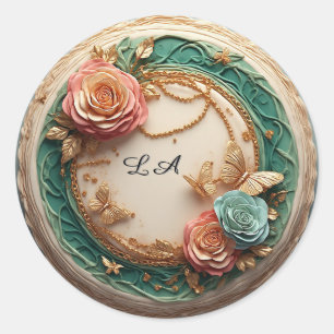 Sticker Rond Cadre floral vert élégant avec roses roses