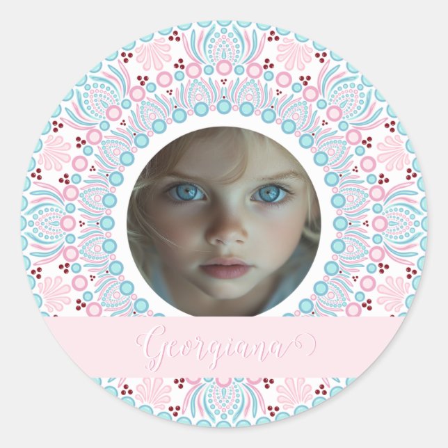 Sticker Rond Cadre personnalisé Pastel rose et bleu Mandala (Devant)